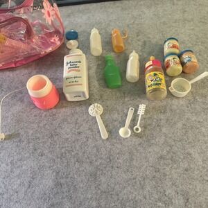Vintage JC Toys Baby Doll Care Set Clear Bag/backpack With 4 Baby PJ's & Blanket